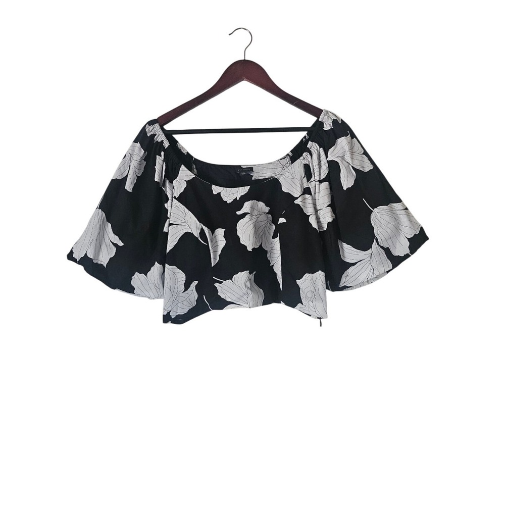 Ann Taylor Floral Puff Sleeve Cotton Crop Top Black White Size 8